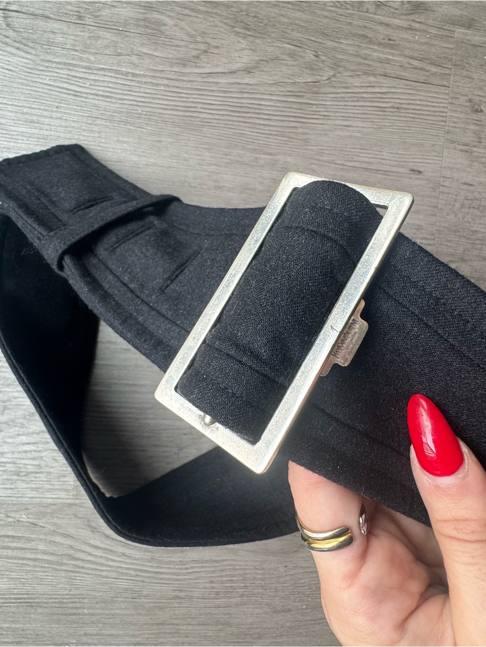 Yves Saint Laurent Black Fabric Belt with Silver Rectangular Buckle